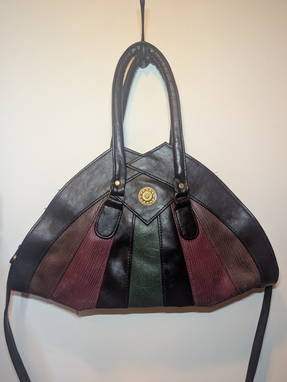 90s Leather Panel Patchwork Satchel Handbag in Black, Burgundy, Brown & Green